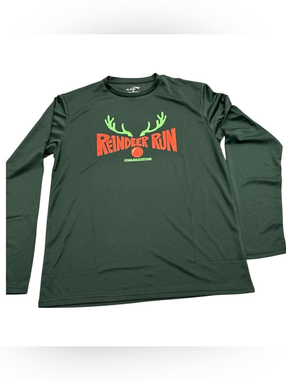 Charleston Reindeer Run Long Sleeve Performance Shirt Green Holiday Race Tee